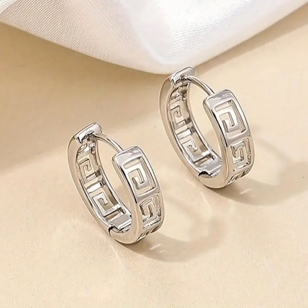 NEW Greek Style Modern Pattern Silver 925 Hoop Earrings